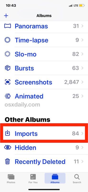 Imports Photos albümü iPhone'a aktarılan görüntüler içeriyor