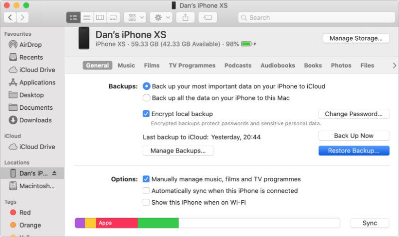 macOS Bulucu iPhone Restore Yedekleme seçenekleri