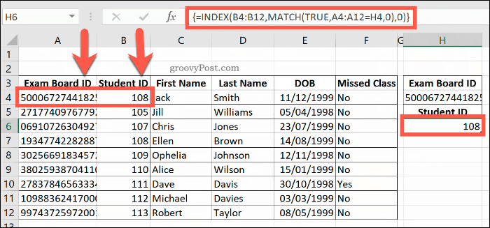 Excel'de birleştirilmiş INDEX ve MATCH formülü örneği