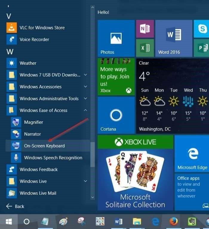 Windows 10 pic4'de ekran klavyesini aç