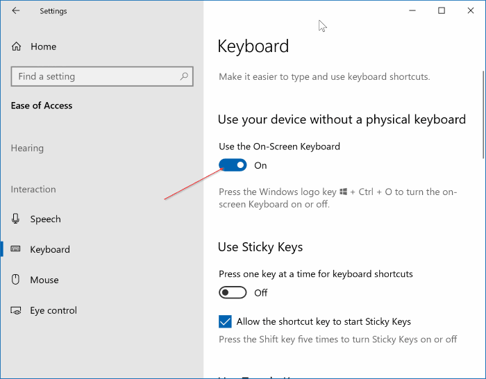 Windows 10 pic5'de ekran klavyesini aç