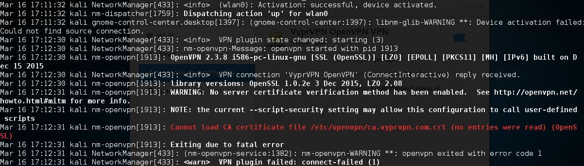 Network connection failed. Kali VPN. Kali Linux with VPN. Kali Linux OPENVPN free. OPENVPN cannot connect.