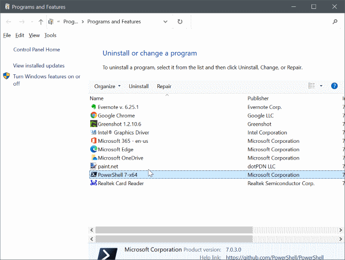 Windows 10 pic12 üzerine powershell 7'yi yükleyin