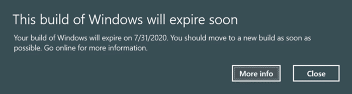 Bu Windows 10 sürümünün süresi yakında dolacak