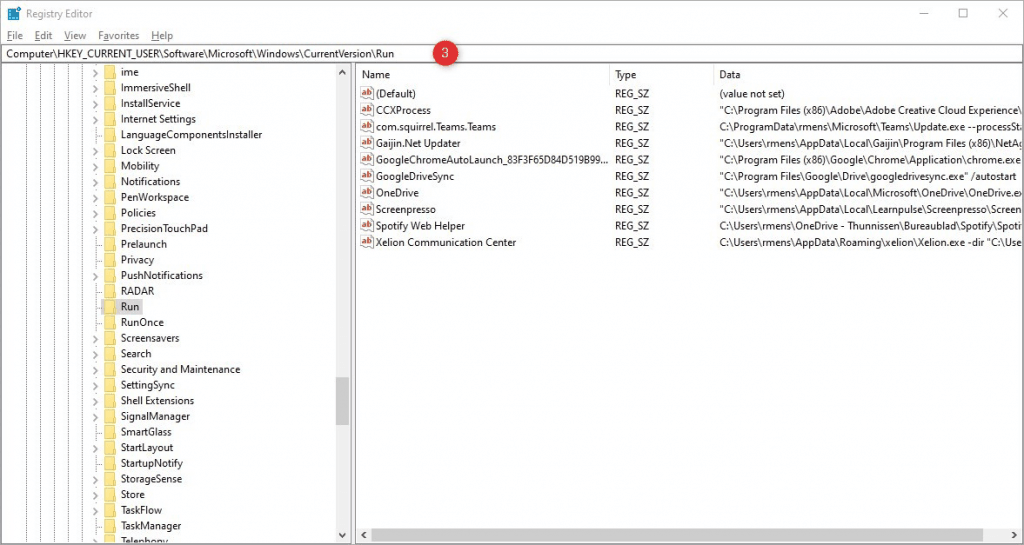 Windows kayıt defteri başlangıç ​​konumu programları