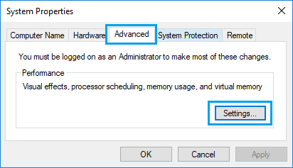 Windows Gelişmiş Sistem Özellikleri Ekranında Ayarlar Seçeneği
