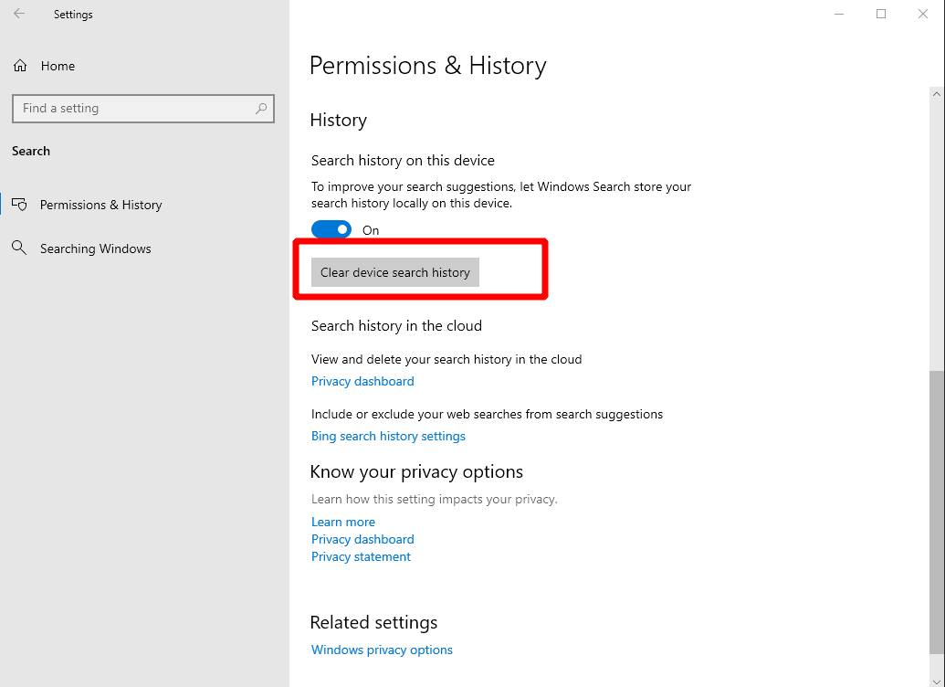 Windows 10'da arama geçmişi ayarlarının ekran görüntüsü