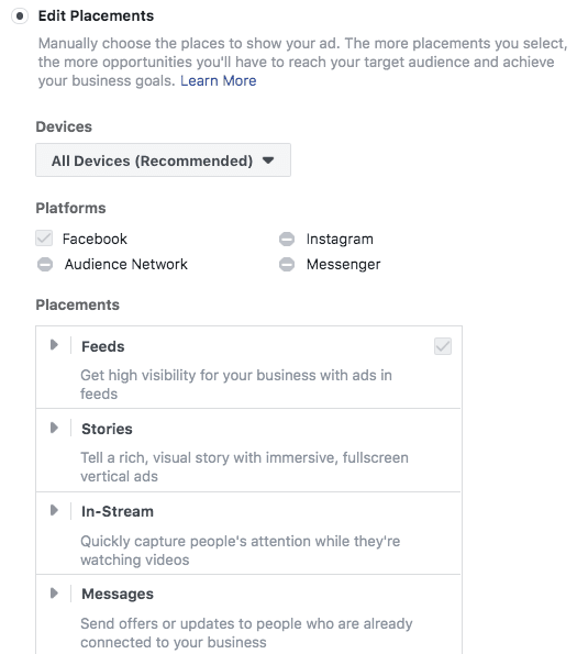 Facebook reklam yerleşimleri için seçenekler