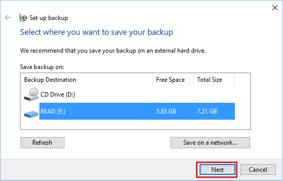Windows 10 Bilgisayarın Sistem Görüntüsünü Kaydetmek İçin Bir Yedekleme Sürücüsü Seçin