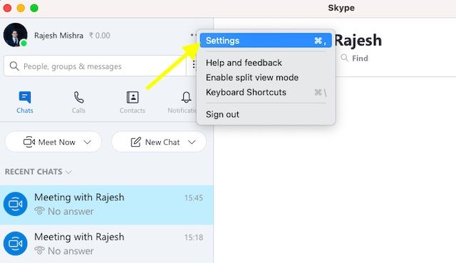 Skype'ta Ayarlar seçeneğini seçin