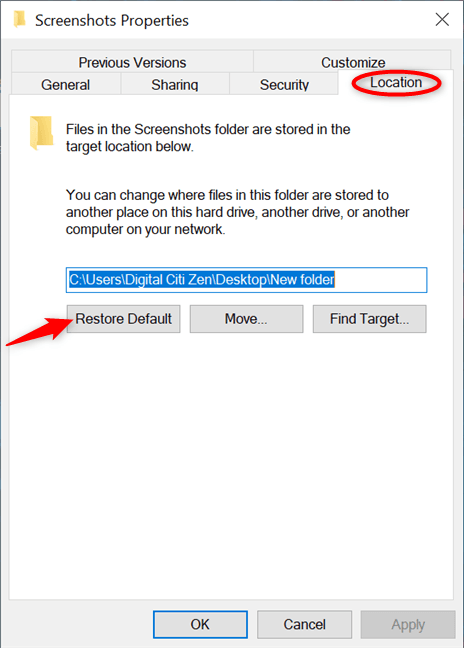 Windows 10'da ekran görüntülerinin bulunduğu varsayılan konumu geri yükleyin