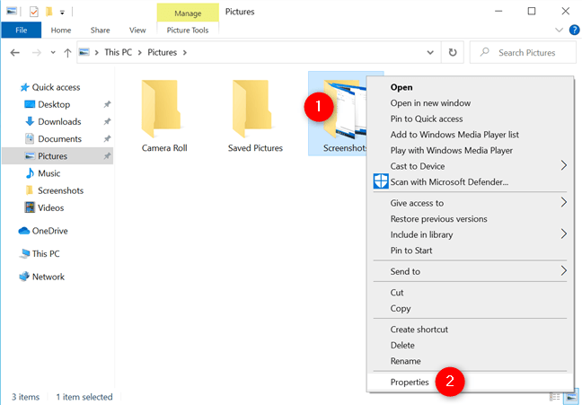Windows 10 Ekran Görüntüleri klasörünün özelliklerini açın