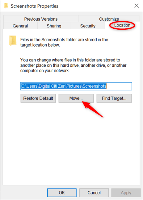 Windows 10'un ekran görüntülerini kaydettiği yeri değiştirmek için Taşı'ya basın