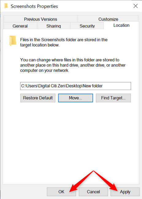 Windows 10'da ekran görüntülerinin nereye gideceğini değiştirmek için Tamam'a veya Uygula'ya basın