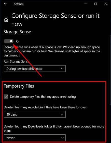 Storage Sense, Windows 10'da Geçici Dosyaları Silme