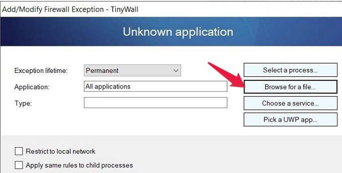 TinyWall Güvenlik Duvarı Özel Durumunu Değiştir Ekle