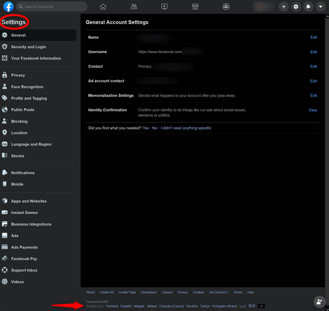 Facebook'ta, Ayarlar sayfasının herhangi bir yerinden dili değiştirin