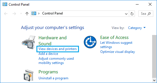 Windows Denetim Masasında Aygıtları ve Yazıcıları Görüntüle seçeneği