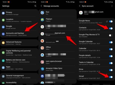 android'de google ve gmail senkronizasyon seçeneği